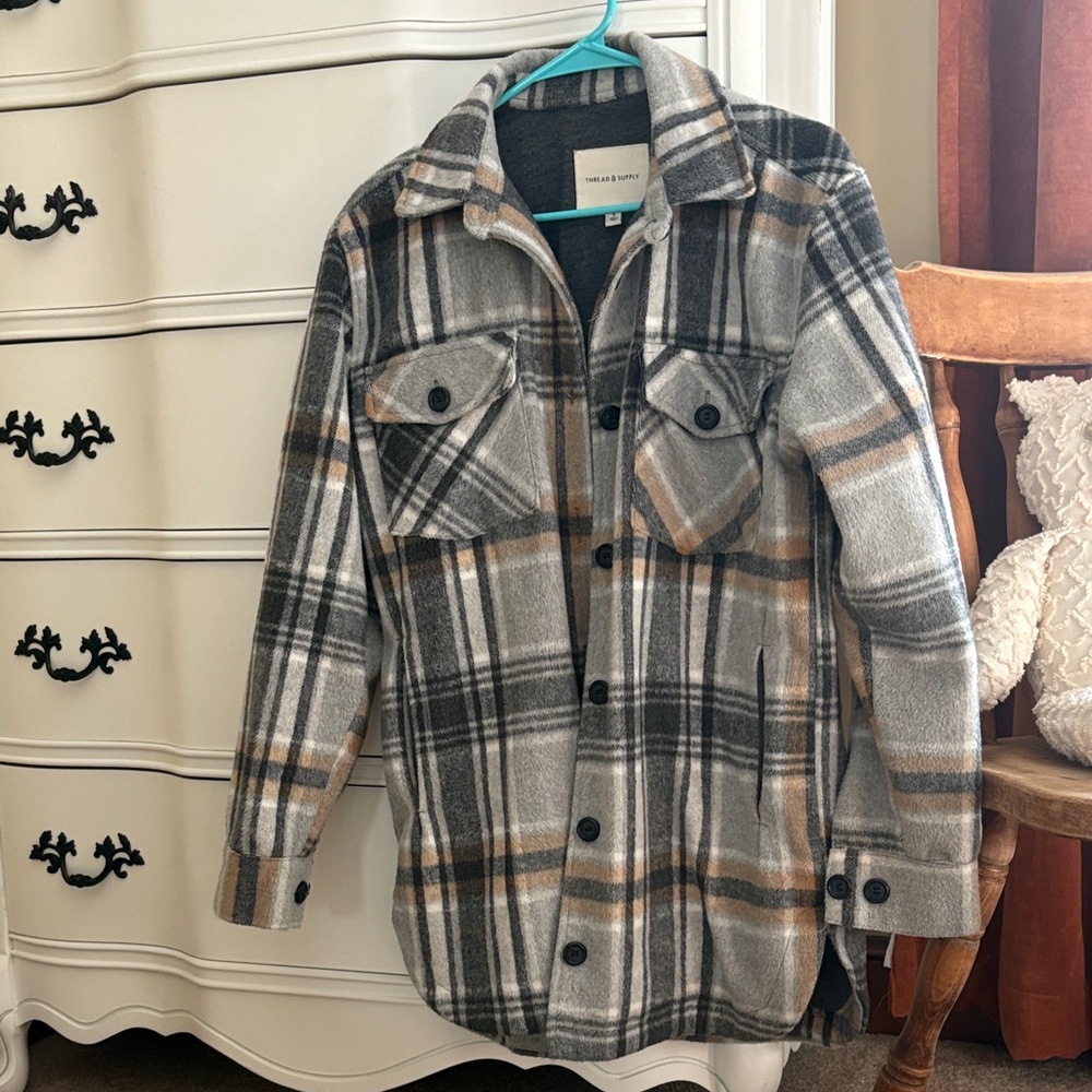 Thread & Supply Plaid Shacket - Gray, Black, Tan